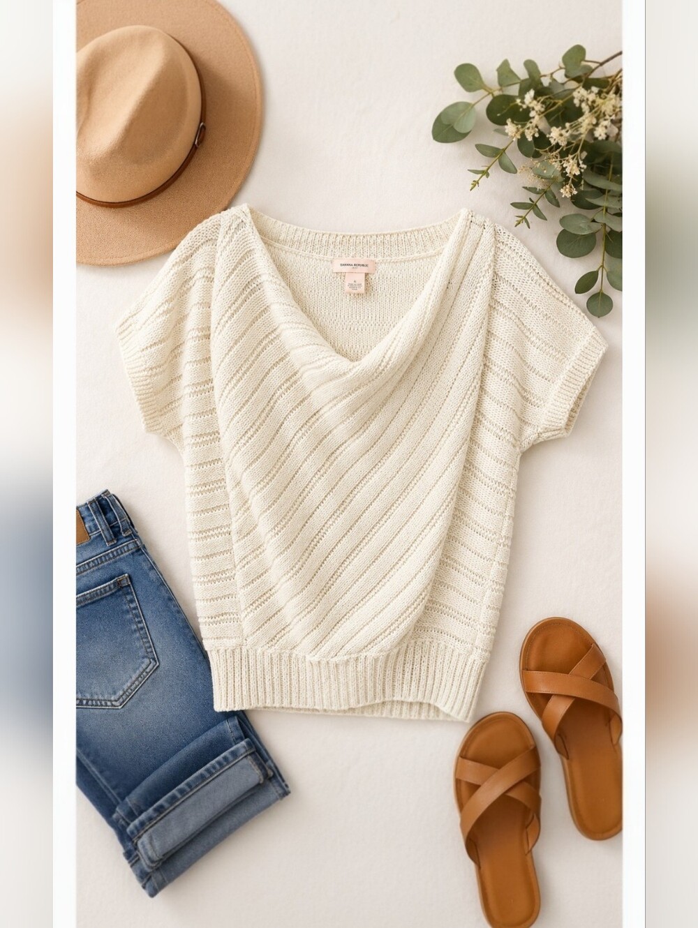 DKNY Cream Knit Sweater | Draped Cowl Neck Short Sleeve Pullover